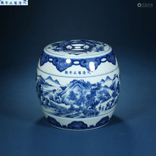 Qing Dynasty,Blue and White Landscape Drum Stool