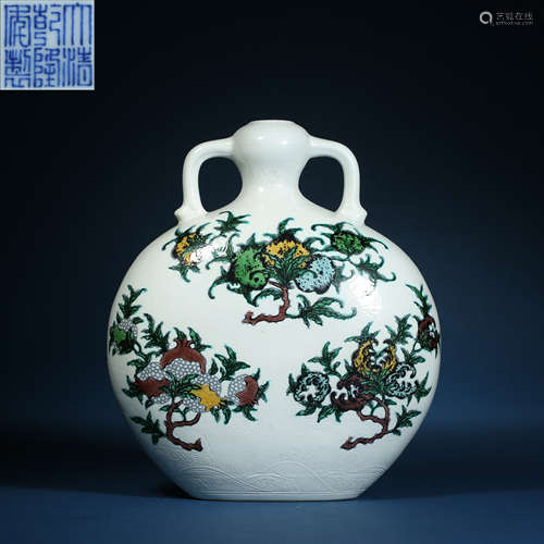 Qing Dynasty,Famille Rose Three Multi-Grain Flat Bottle