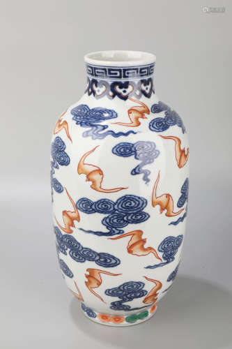 A Red in Blue and White Bat with Cloud Porcelain Vase