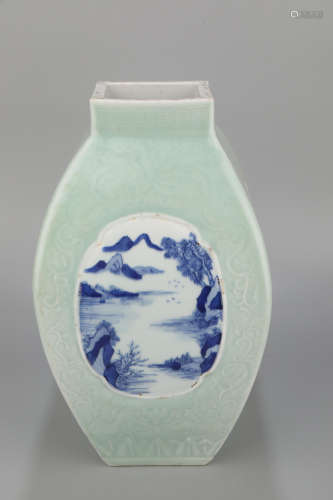 A Chinese Green Base Blue and White Landscape Pattern Porcel...