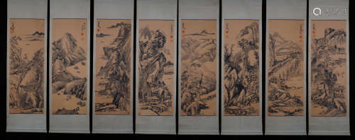 A Group of Eight Chinese Landscape Painting, Bada Shanren Ma...