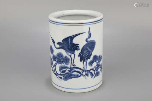 A Blue and White Crane with Pinetree Porcelain Brush Pot