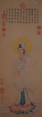 A Chinese Guanyin Silk Painting, Ding Guanpeng Mark