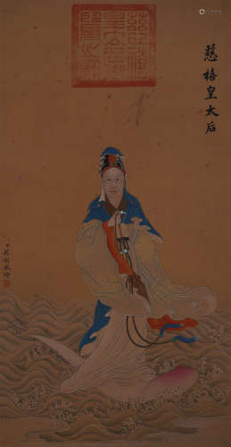 A Chinese Guanyin Silk Painting, Zhao Tong Mark
