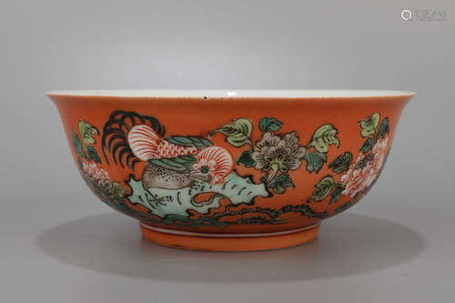 Ab Red Base Cock Pattern Porcelain Bowl