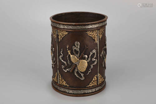 A Gilt Bronze the Eight Treasure Brush Pot