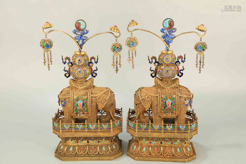 A Pair of Gilt Bronze Filigree Elephant Figure Ornament