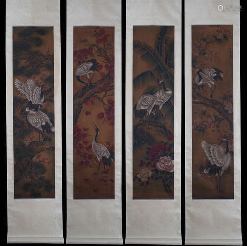 A Group of Four Bird Silk Painting, Zhou Yigui Mark