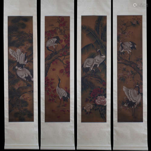A Group of Four Bird Silk Painting, Zhou Yigui Mark