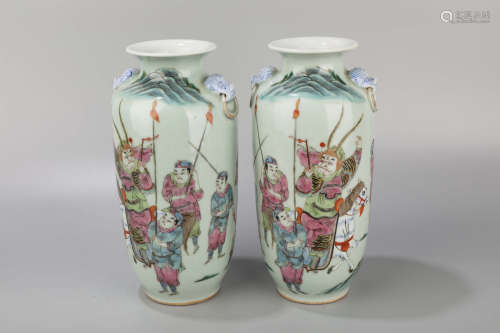 A Pair of Famille Rose Character Story Porcelain Vase
