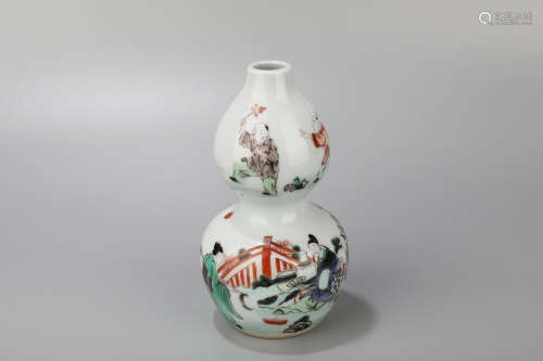 A Wucai Character Story Gourd Shape Porcelain Vase