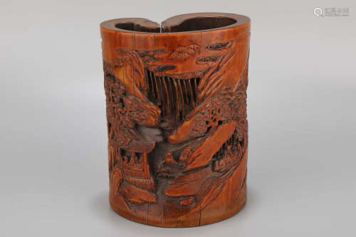 A Carved Landscape Bamboo Brush Pot