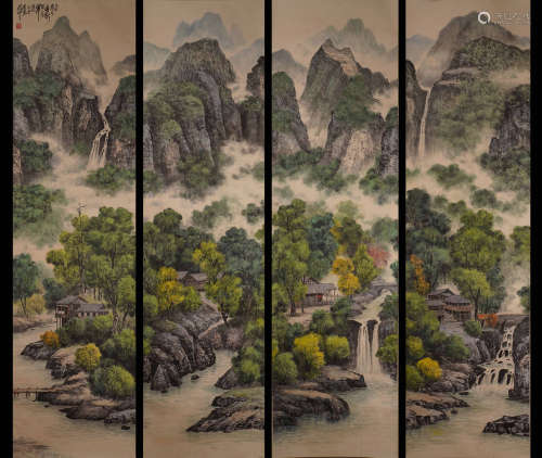 A Group of Four Landscape Painting, Guan Shanyue Mark