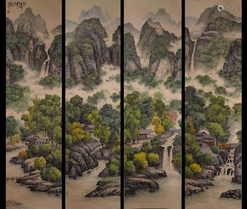 A Group of Four Landscape Painting, Guan Shanyue Mark