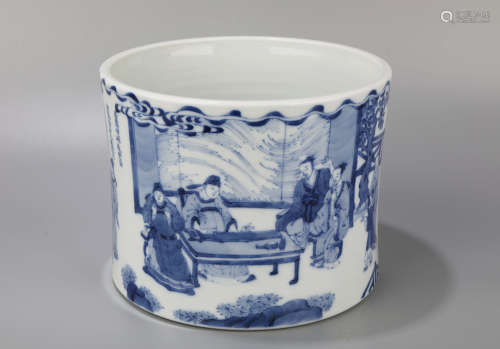 A Blue and White Character Story Porcelain Brush Pot