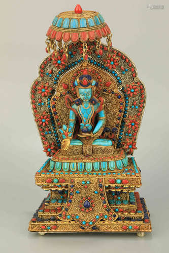 A Gilt Bronze with Gem Stone Inlaid Buddha Figure