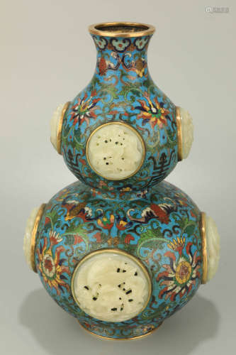 A Bronze Cloisonne with Jade Inlaid Gourd Shape Vase