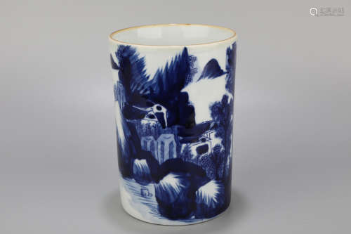 A Blue and White Landscape Porcelain Brush Pot