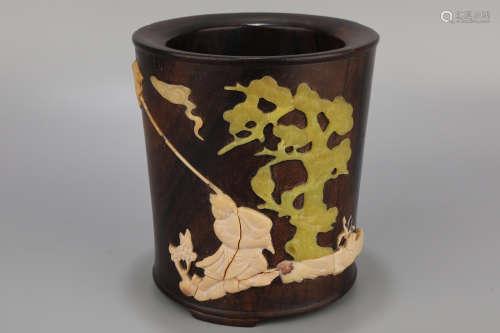 A Stone Inlaid Character Story Red Sandalwood Bursh Pot
