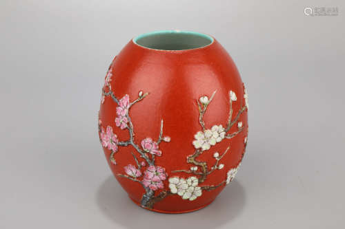A Red Base Plum Flower Porcelain Jar