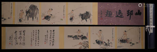 A Chinese Ox Hand Scroll Painting, Li Keran Mark