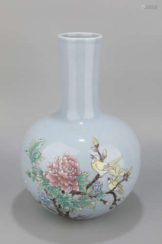 A Famille Rose Blue Base Bird with Flower Porcelain Vase