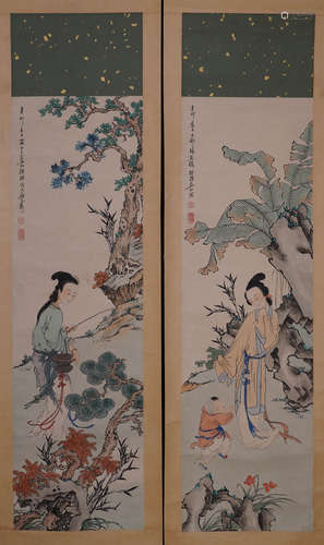 A Pair of Chinese Beauty Painting, Xu Cao Mark