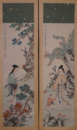 A Pair of Chinese Beauty Painting, Xu Cao Mark