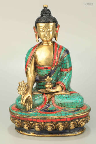 A Turquoise Inlaid Bronze Buddha Figure Statue