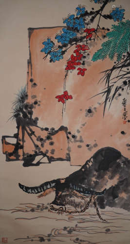 A Chinese Ox Painting, Pan Tianshou Mark