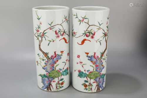 A Pair of Famille Rose Bird with Tree Porcelain Vase