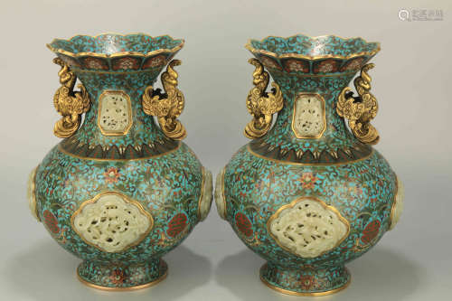 A Pair of Bronze Cloisonne with Jade Inlaid Vase