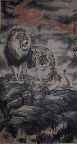A Chinese Lion Painting, Liu Jiyou Mark
