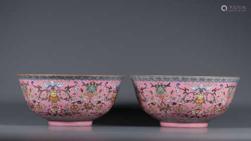 A Pair of Pink Base Branch Pattern Porcelain Bowl