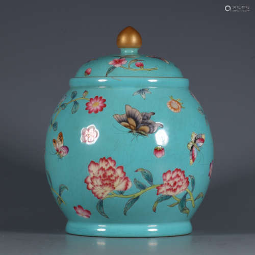 A Famille Rose Butterfly Flower Pattern  Porcelain Tea Jar