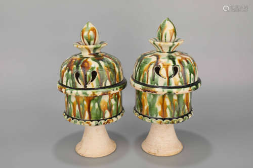 A Pair of Tang Three Colored Porcelain Incense Burner