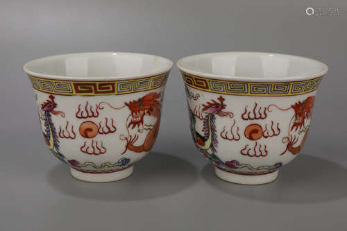 A Pair of Famille Rose Phoenix Pattern Porcelain Cup