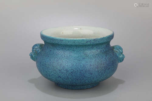 A Blue Glazed Beast Ear Porcelain Incense Burner