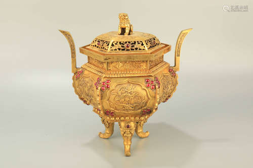 A Bronze Gilt Inlaid Gemstone Beast Incense Burner