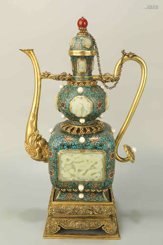 A Cloisonne Gilt Inlaid Jade Gourd Brass Bottle