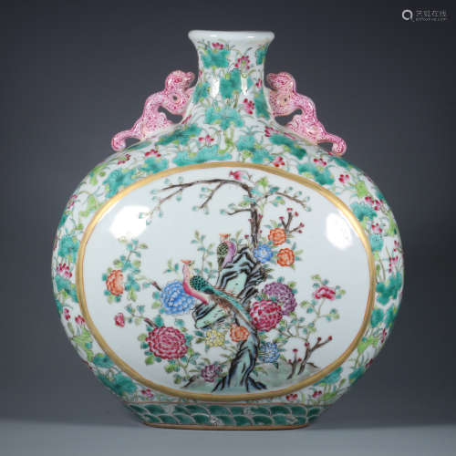 A Famille Rose Lotus Flower Pattern Porcelain Flat Vase