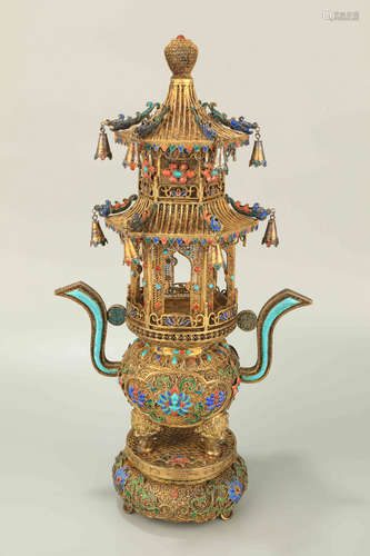 A Gilt Bronze Filigree Temple Shape Incense Burner