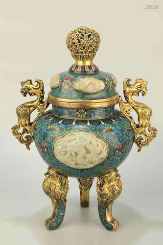 A Bronze Cloisonne with Jade Inlaid Incense Burner