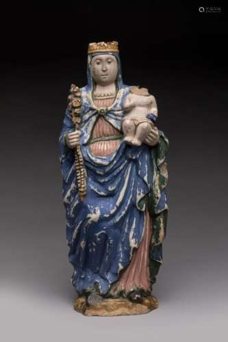 VIERGE à l'Enfant couronnée au Rosaire en albâtre sculpt...