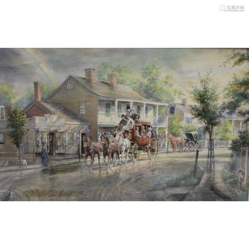 E.L. Henry Signed Watercolor, Stagecoach.