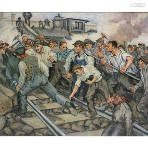 Signed Russian Oil On Canvas Rail Workers Riot.