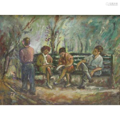 E.K. Signed Oil On Canvas, Central Park Bench