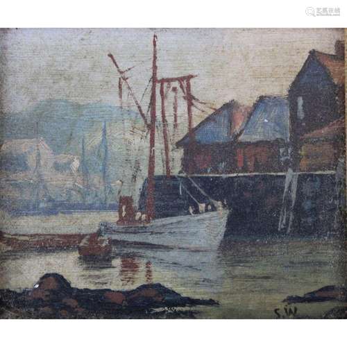 S.W. Signed Oil On Board Boat Scene.