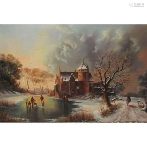 W. Eibel Signed Landscape with Men Ice Fishing