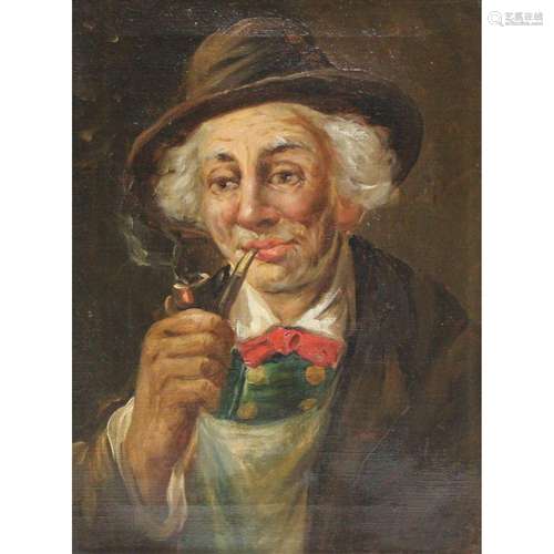 Illegibly Signed Oil on Canvas Man Smoking a Pipe